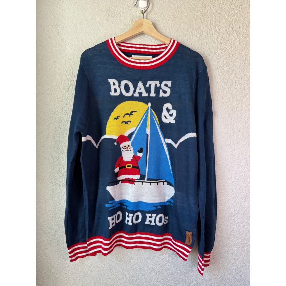 NWOT Tipsy Elves Mens Large Boats & Ho Ho Hos Ugly Christmas Sweater Navy Bluee